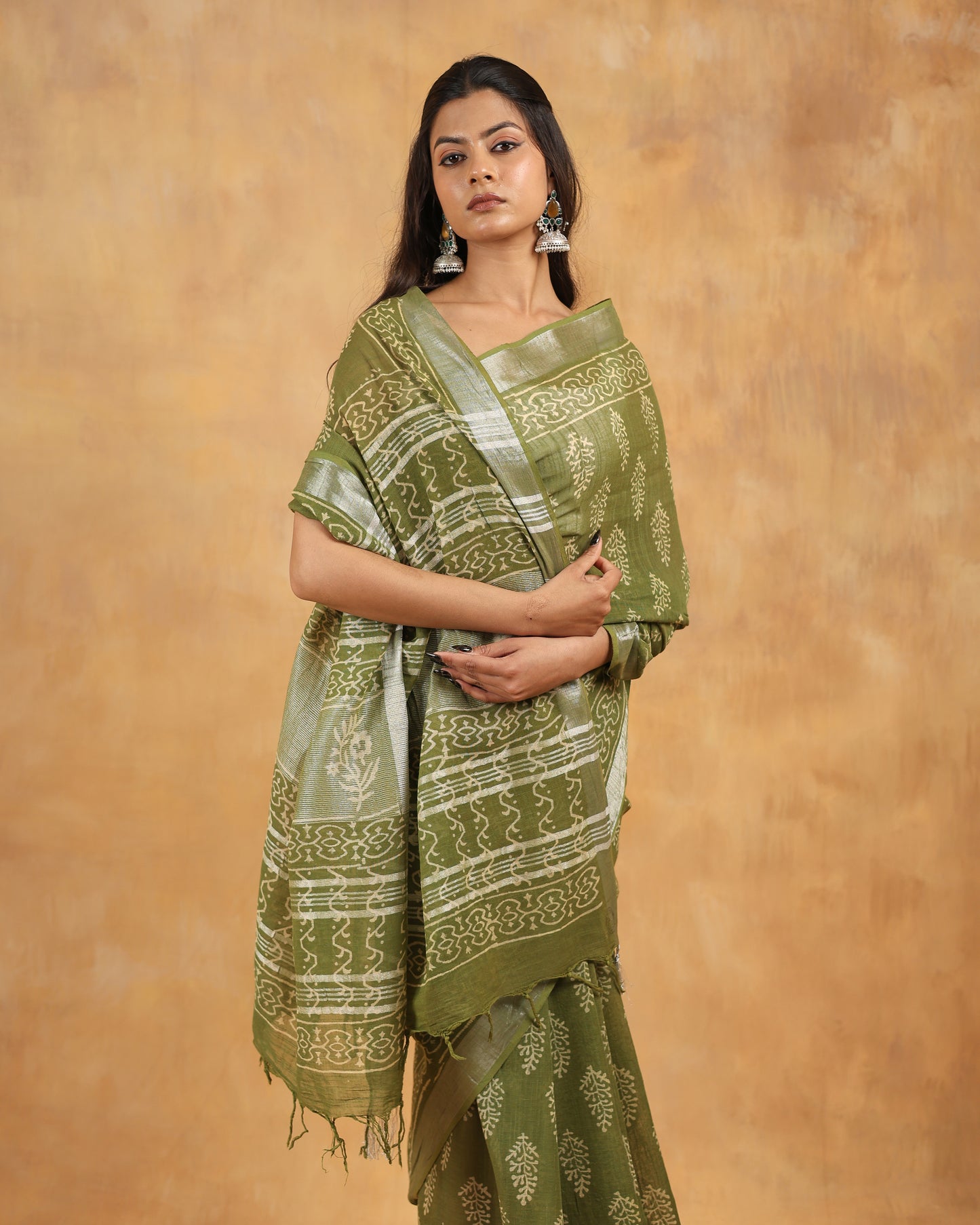 linen hand block hand printed saree