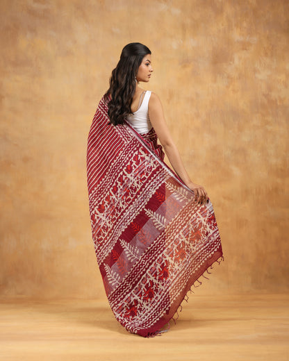 linen hand block hand printed saree