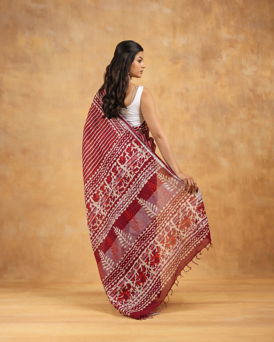 linen hand block hand printed saree