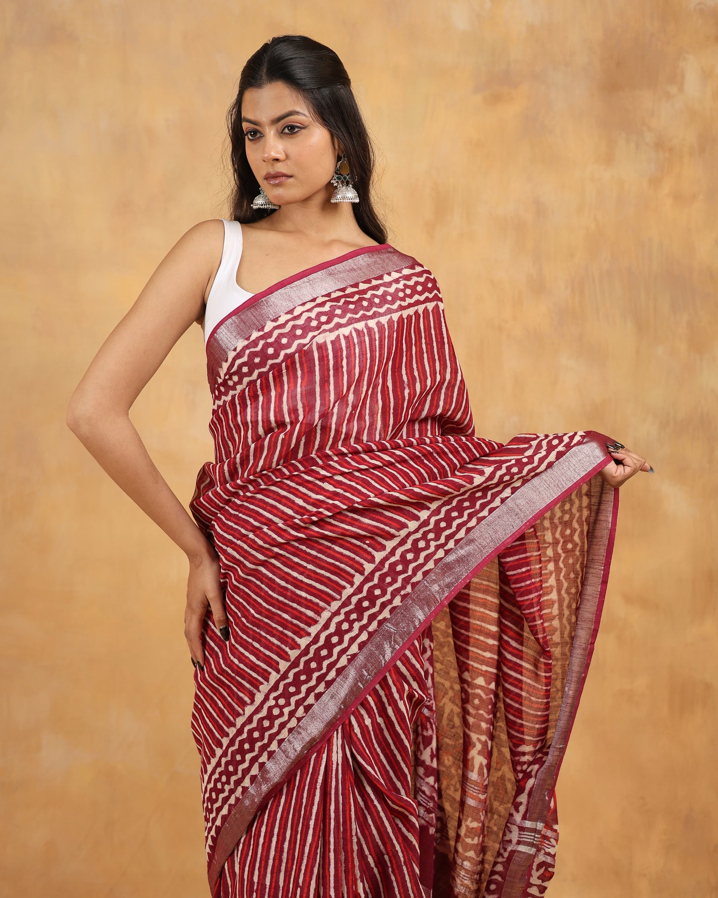 linen hand block hand printed saree