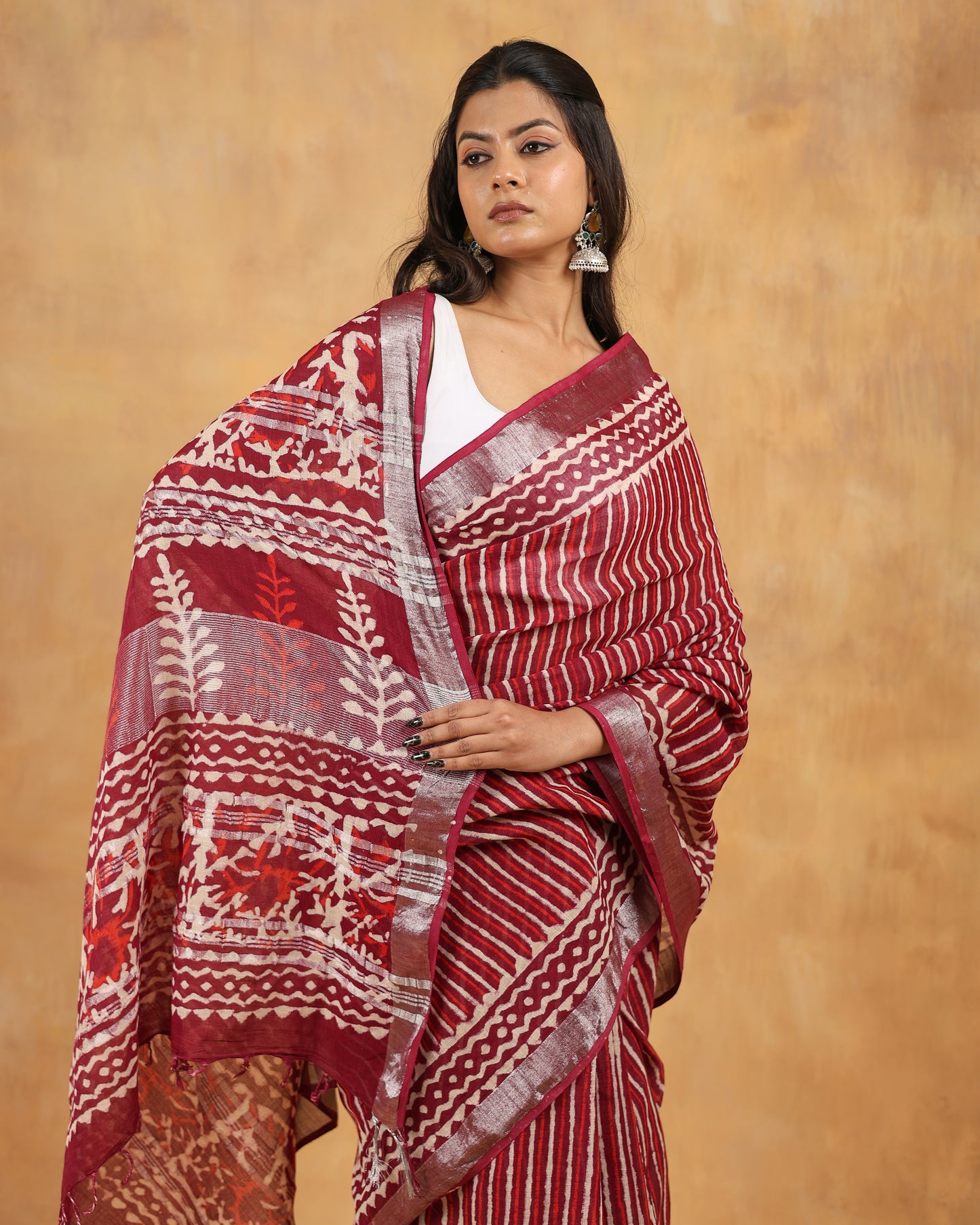 linen hand block hand printed saree