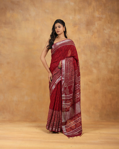 linen hand block hand printed saree