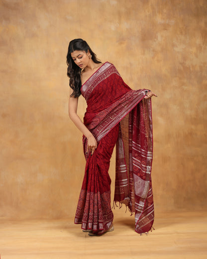 linen hand block hand printed saree