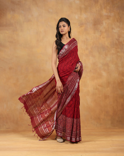 linen hand block hand printed saree