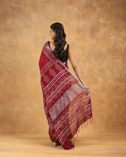 linen hand block hand printed saree