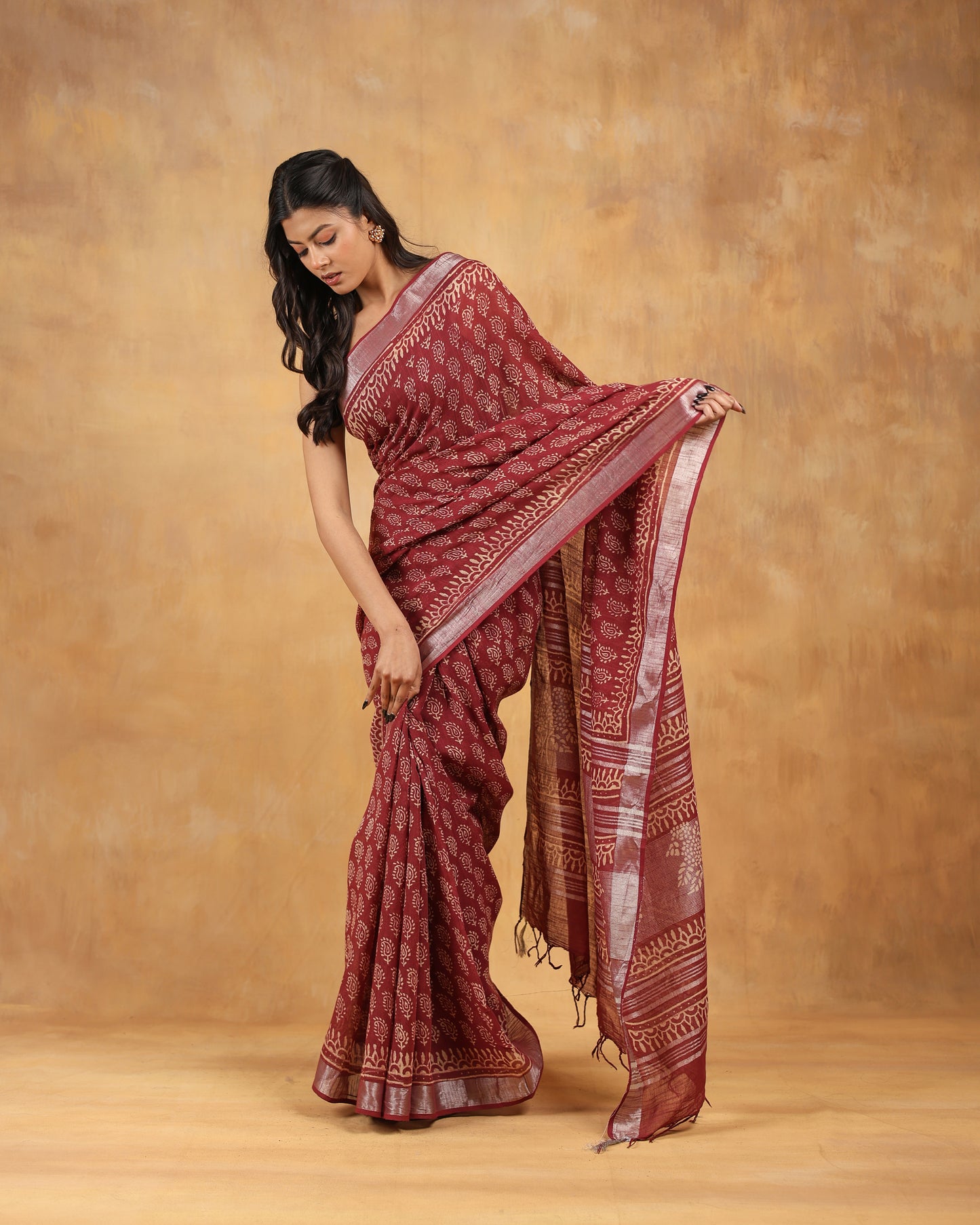 linen hand block hand printed saree