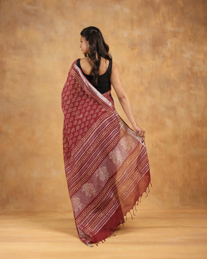 linen hand block hand printed saree
