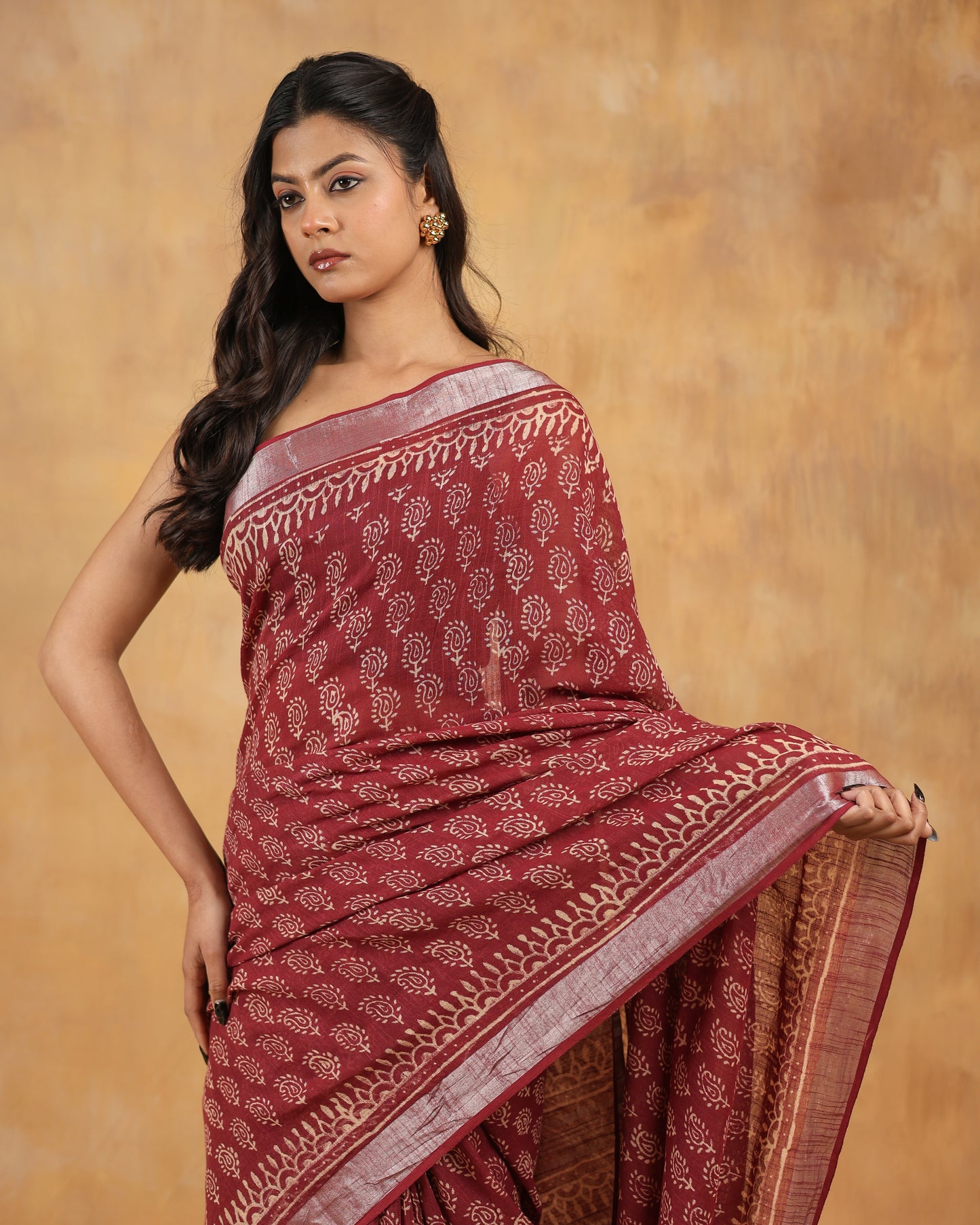 linen hand block hand printed saree