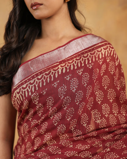 linen hand block hand printed saree