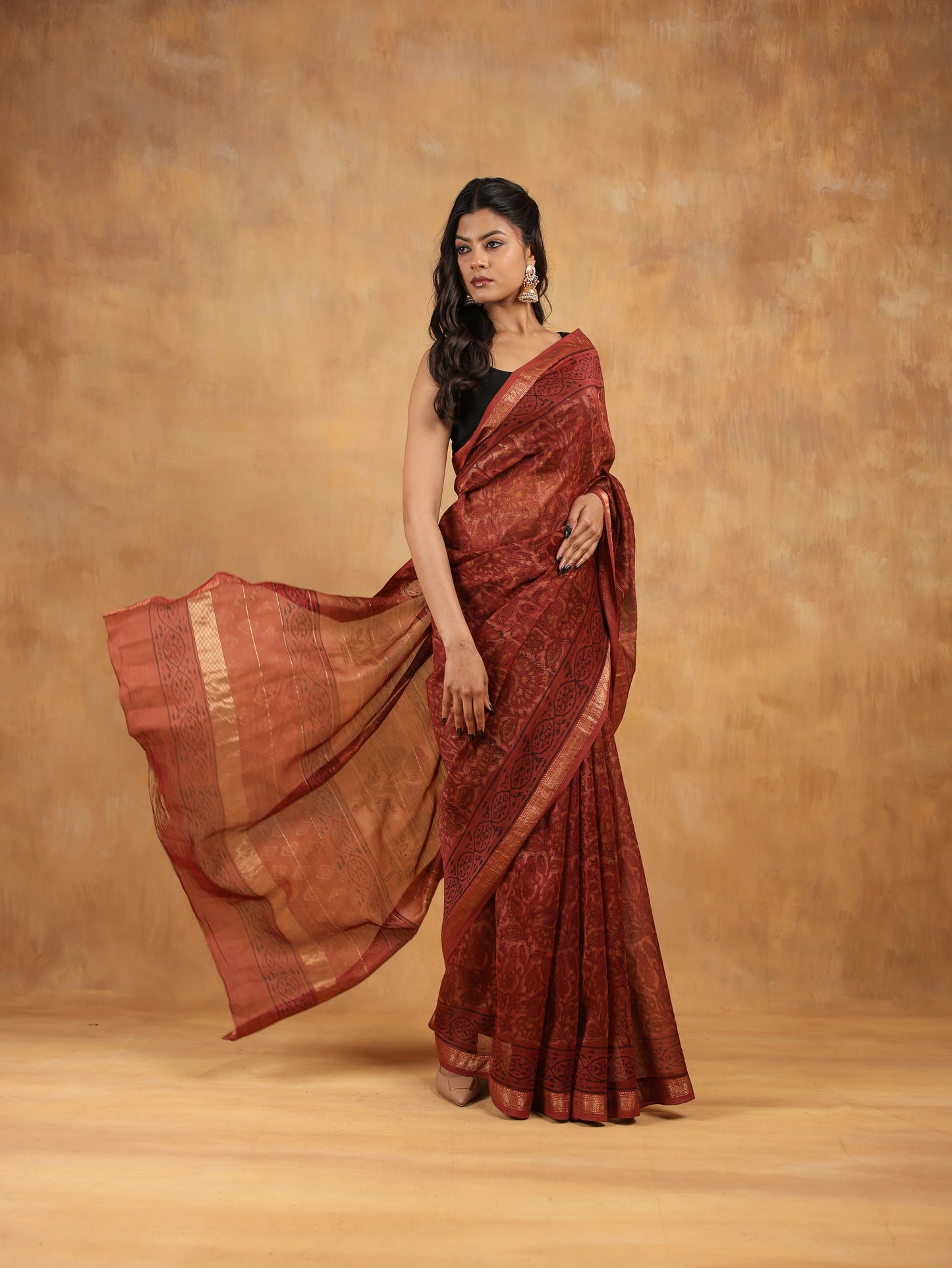 maheswari silk hand block printed saree