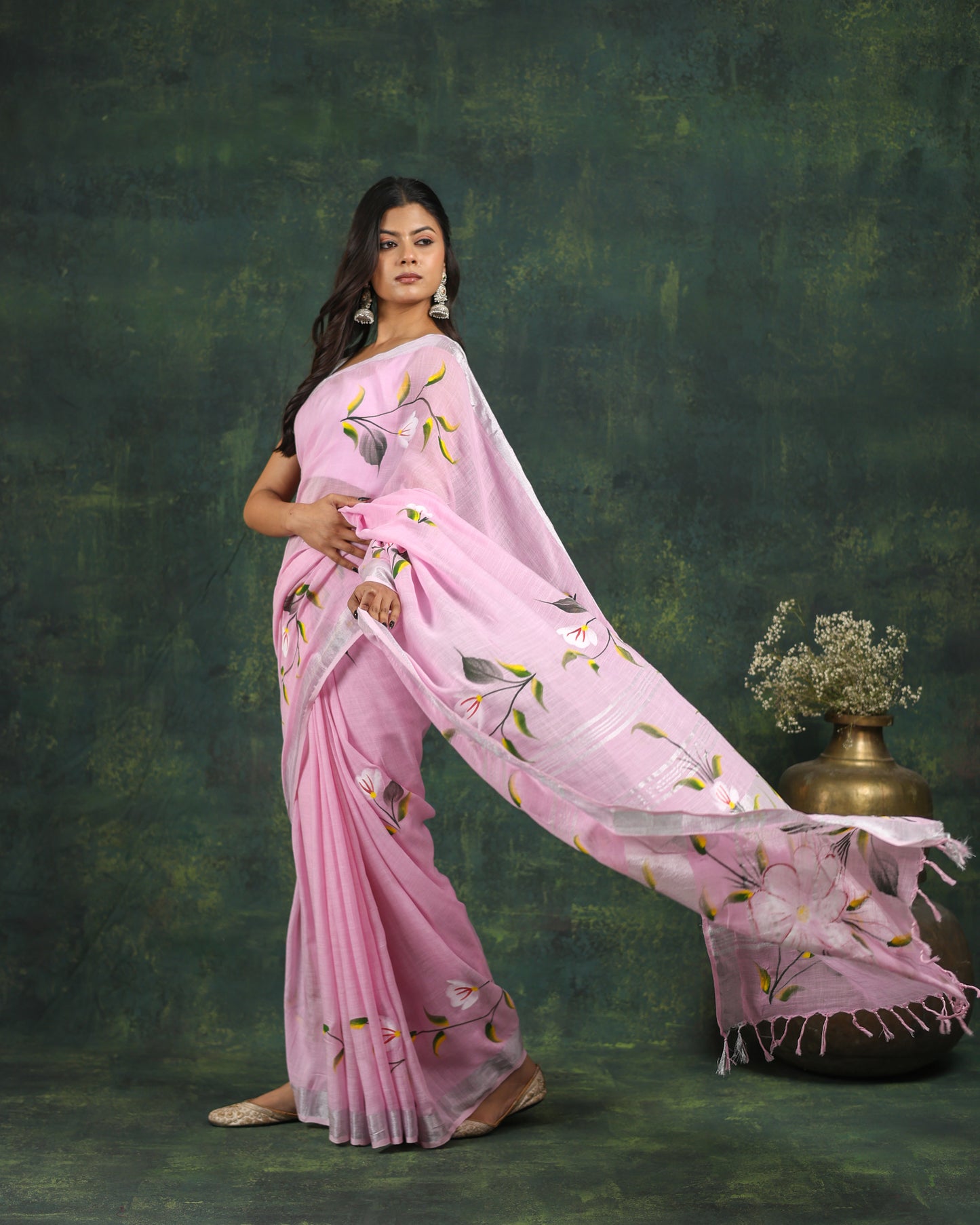 linen hand block hand  printed saree