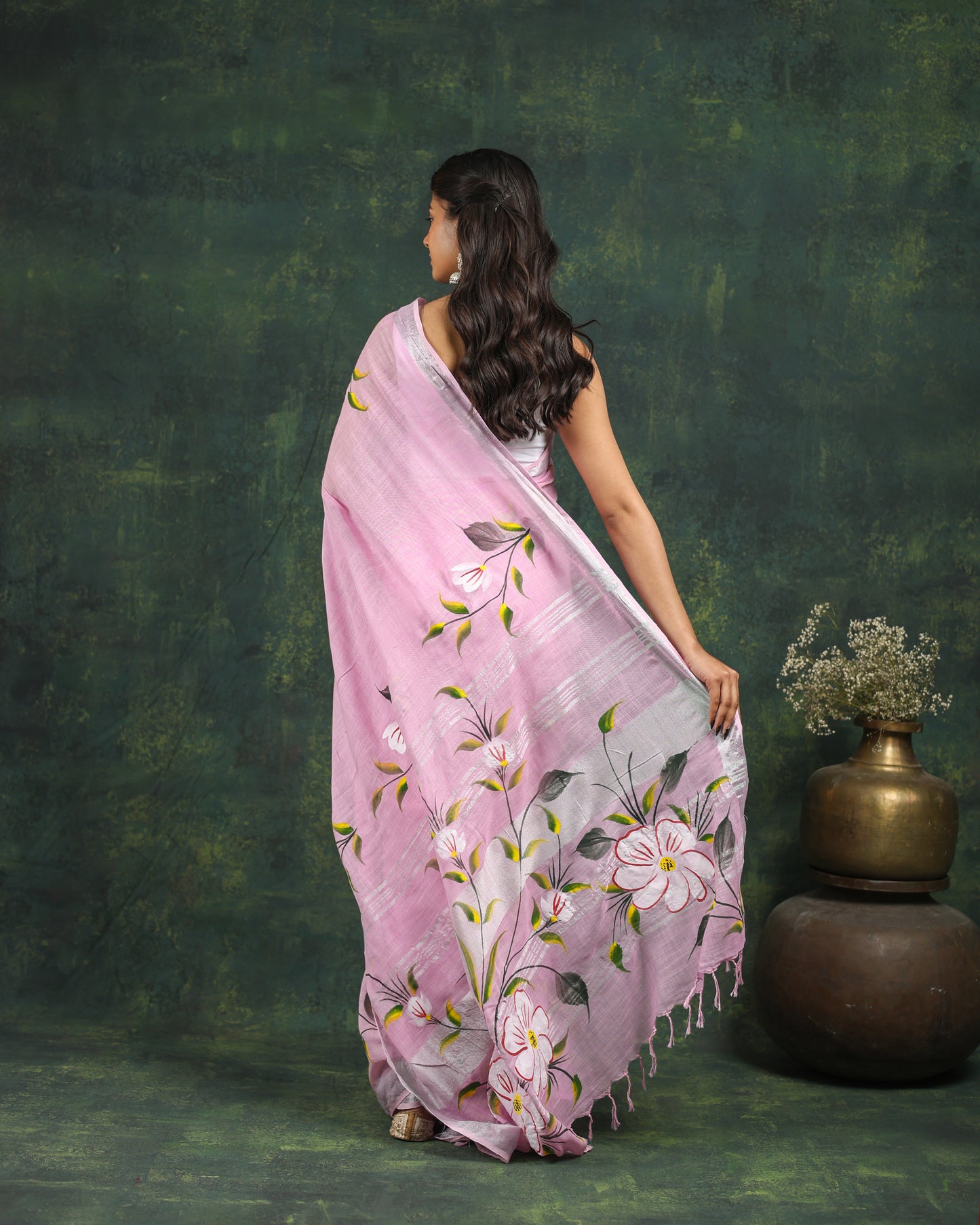 linen hand block hand  printed saree