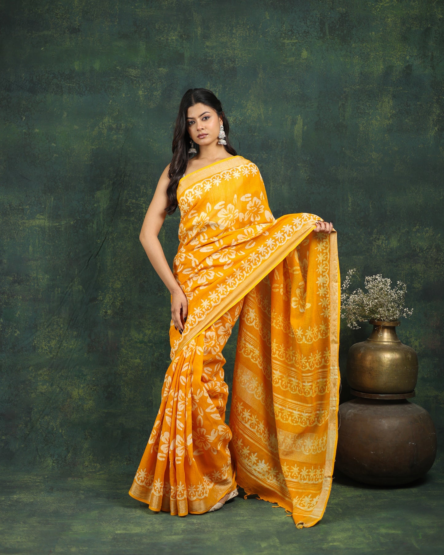 linen hand block hand printed saree