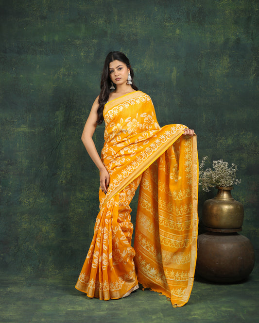 linen hand block hand printed saree
