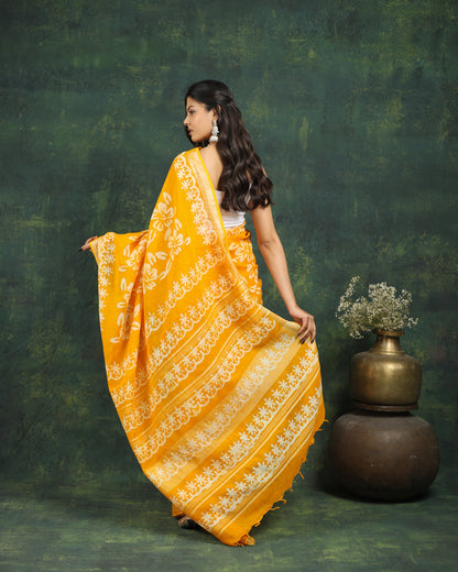 linen hand block hand printed saree