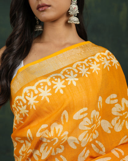 linen hand block hand printed saree