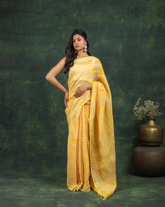 linen hand block hand printed saree