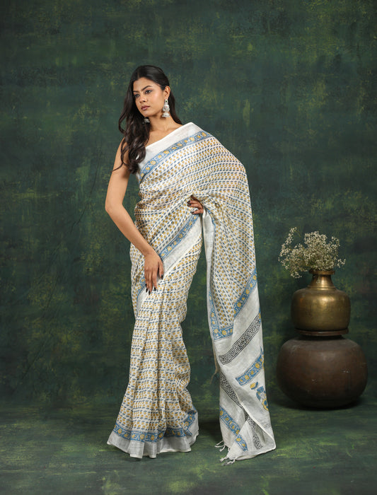linen hand block printed saree