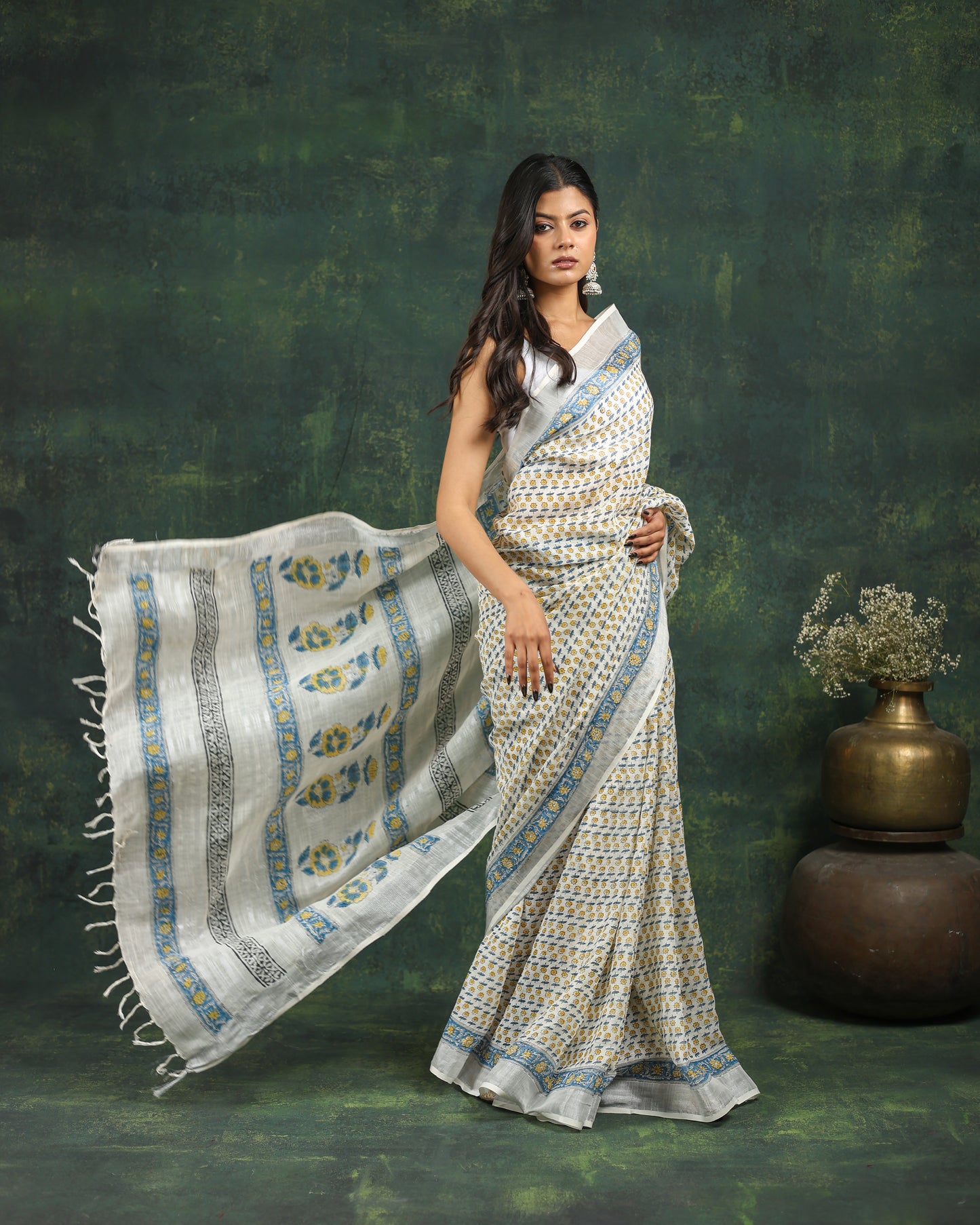 linen hand block printed saree