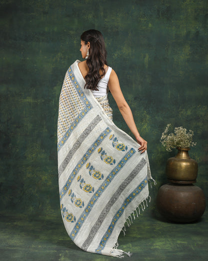 linen hand block printed saree
