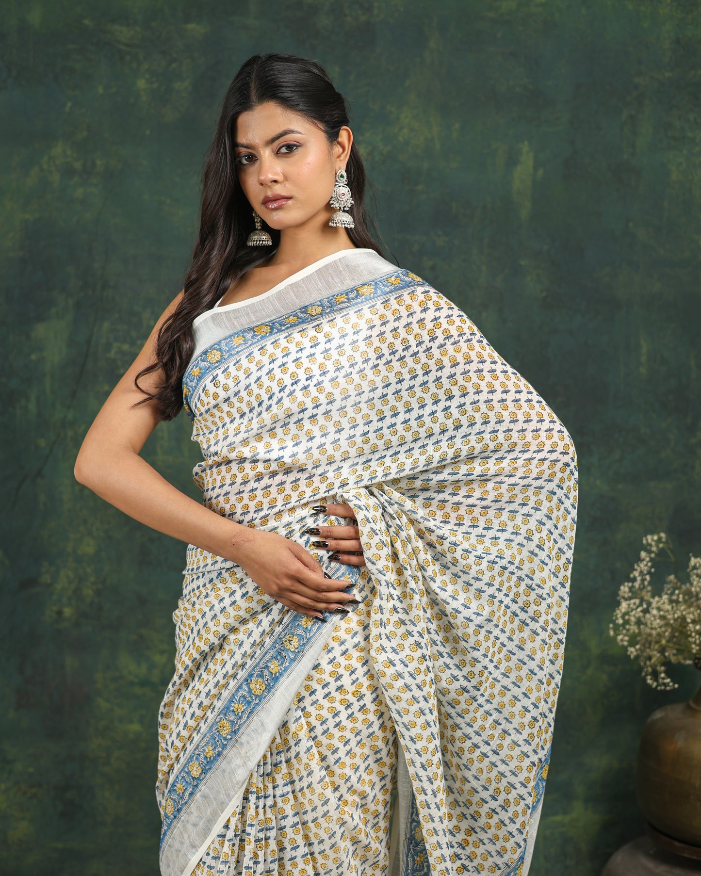 linen hand block printed saree
