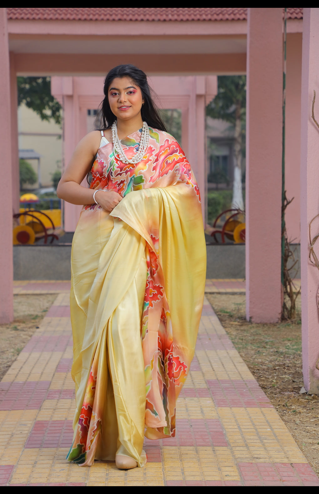 Hand-Painted Pure Silk Satin Saree with French Dye