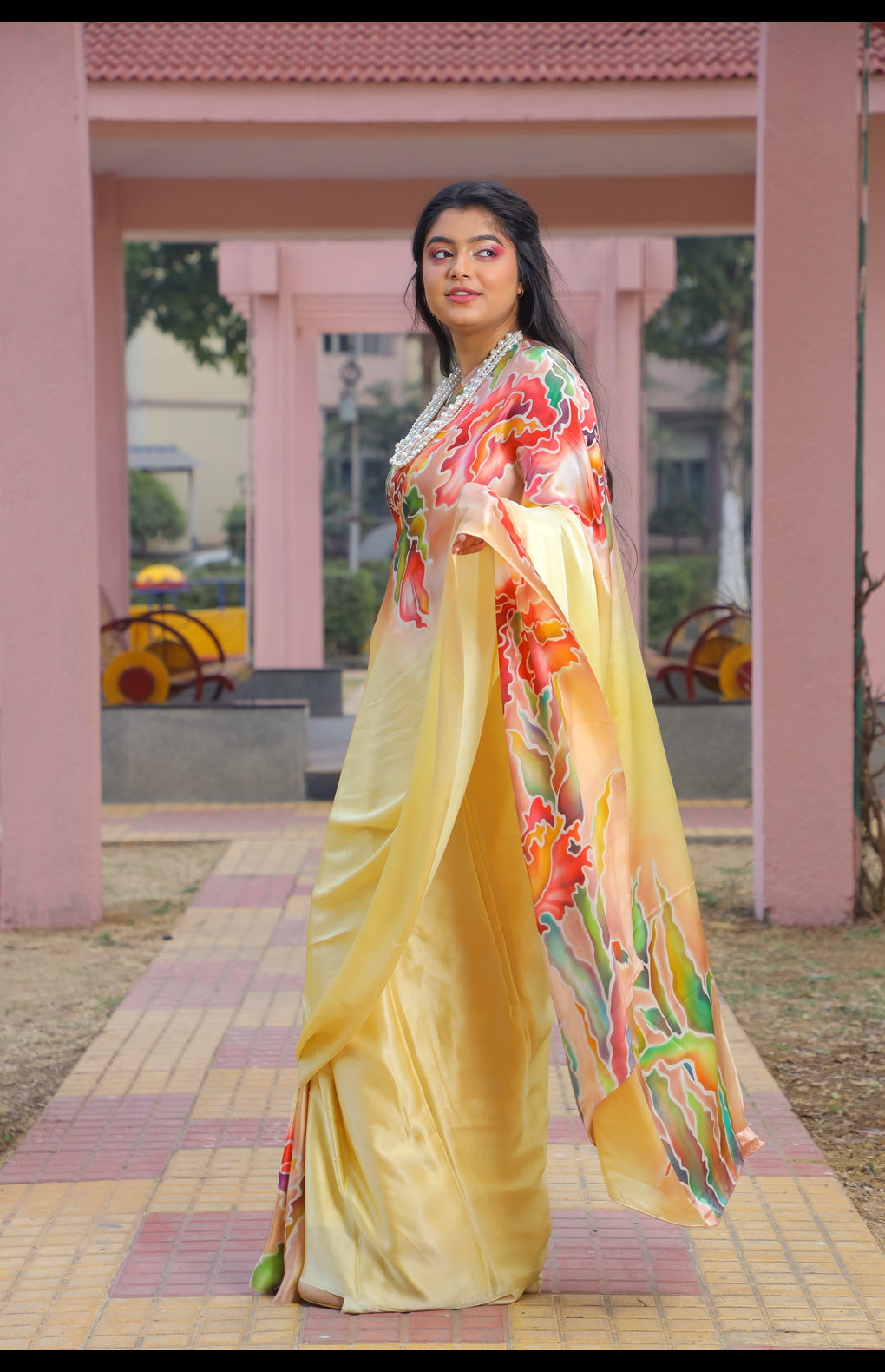 Hand-Painted Pure Silk Satin Saree with French Dye