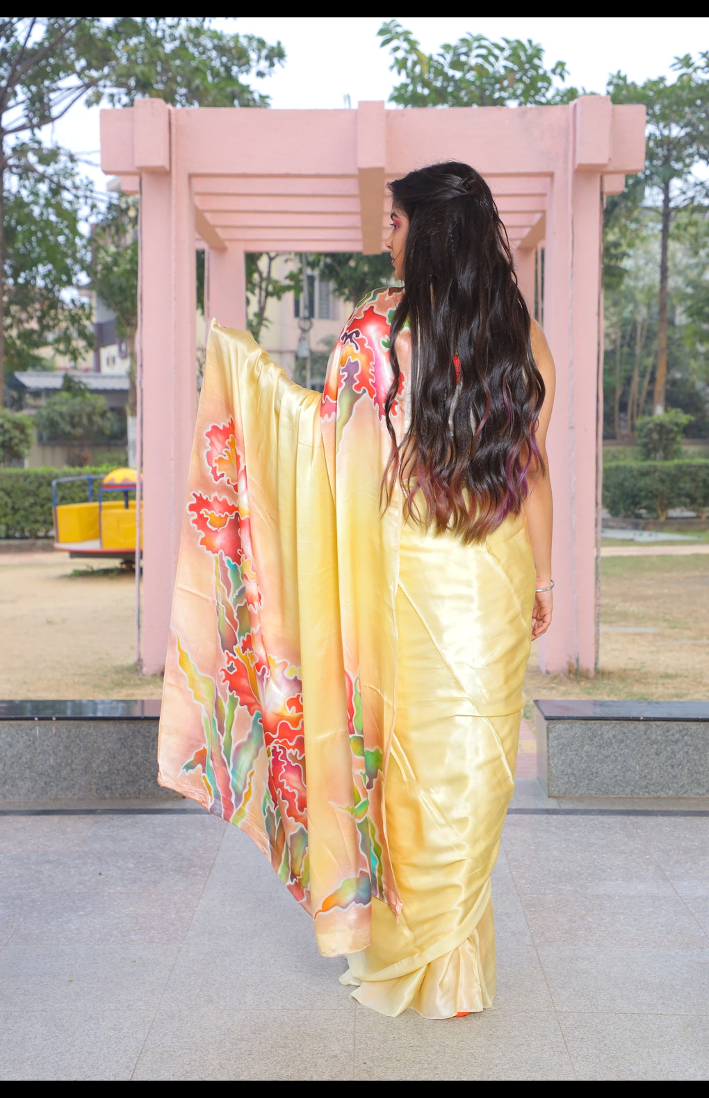 Hand-Painted Pure Silk Satin Saree with French Dye