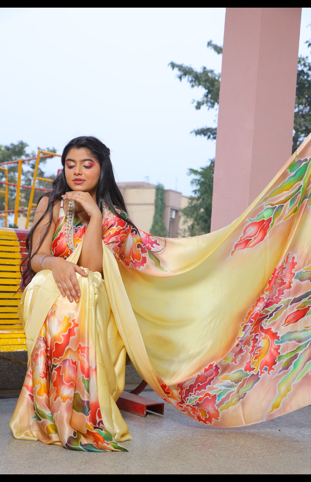 Hand-Painted Pure Silk Satin Saree with French Dye