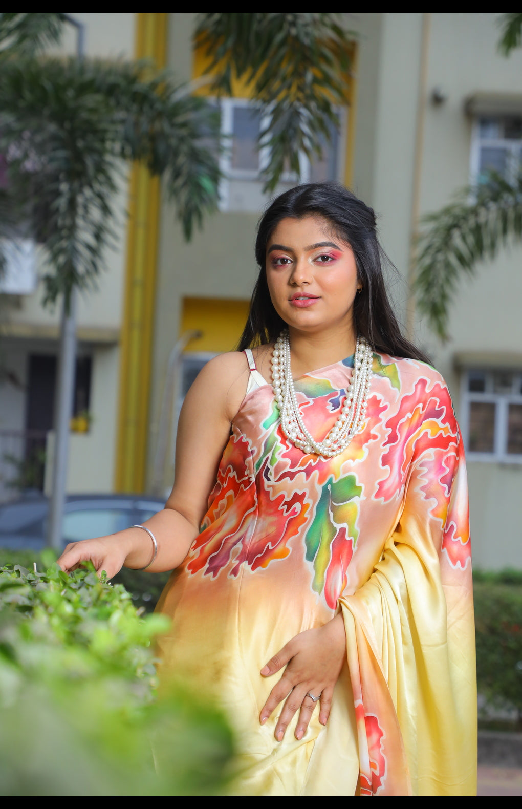 Hand-Painted Pure Silk Satin Saree with French Dye