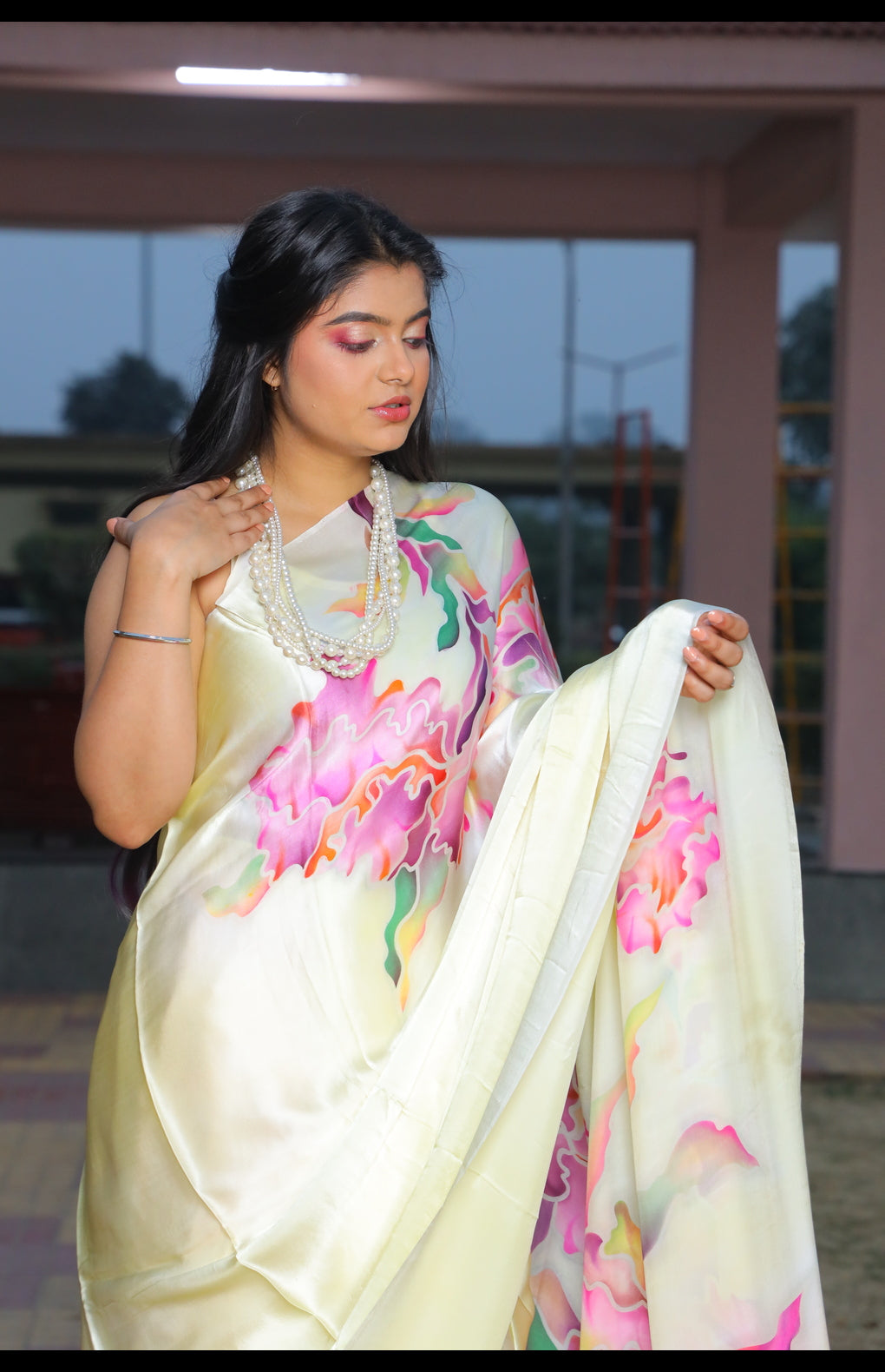 Hand-Painted Pure Silk Satin Saree - French Dye Art