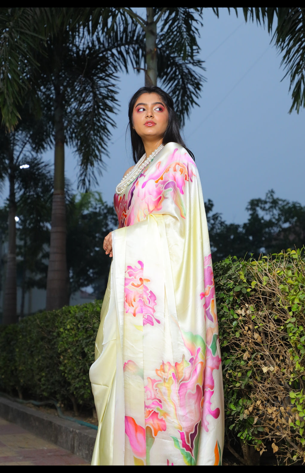 Hand-Painted Pure Silk Satin Saree - French Dye Art