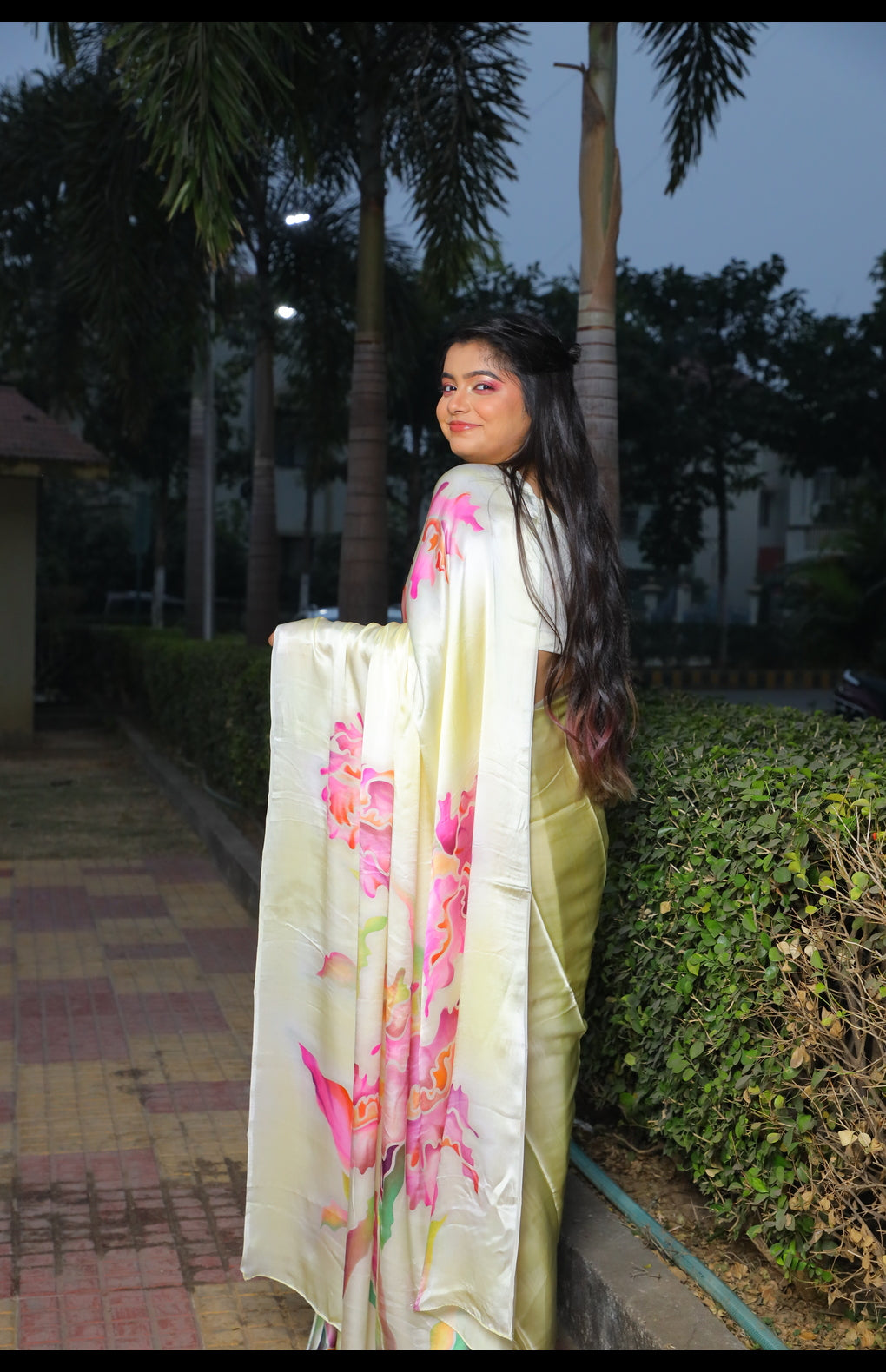 Hand-Painted Pure Silk Satin Saree - French Dye Art