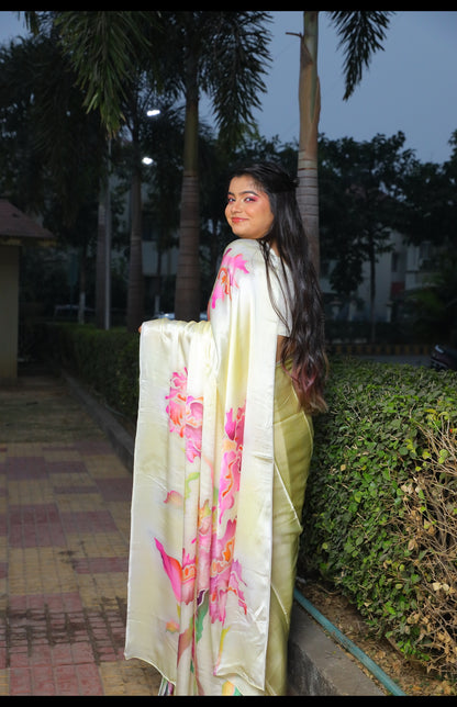 Hand-Painted Pure Silk Satin Saree - French Dye Art