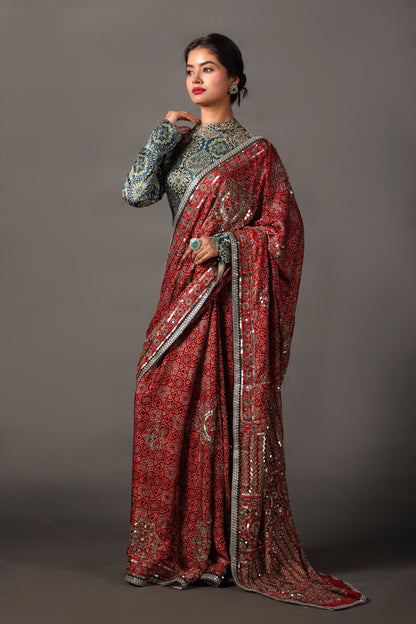 Ajrakh Hand Embroided Modal Silk Saree with Contrasting Blouse Set