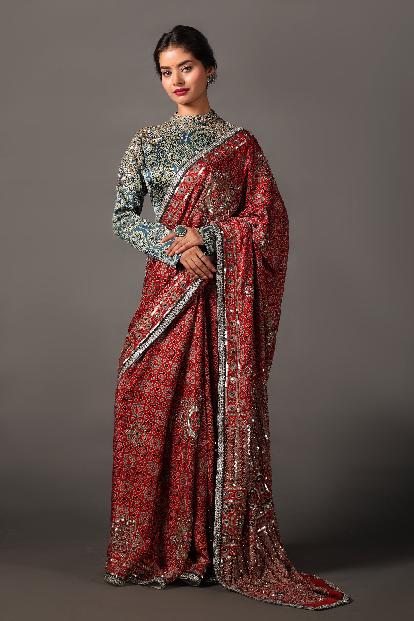 Ajrakh Hand Embroided Modal Silk Saree with Contrasting Blouse Set