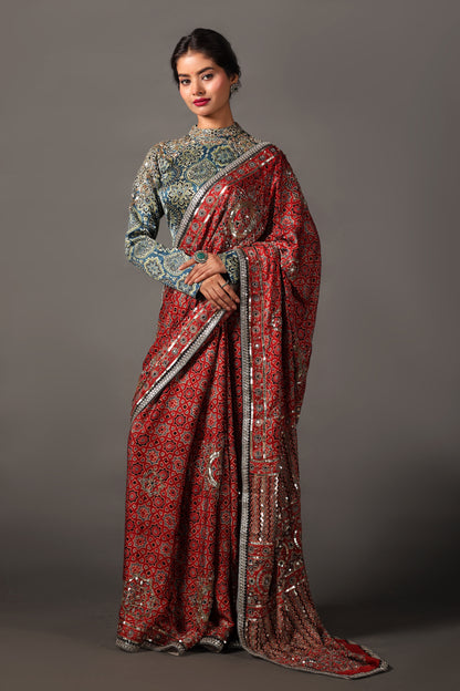 Ajrakh Hand Embroided Modal Silk Saree with Contrasting Blouse Set