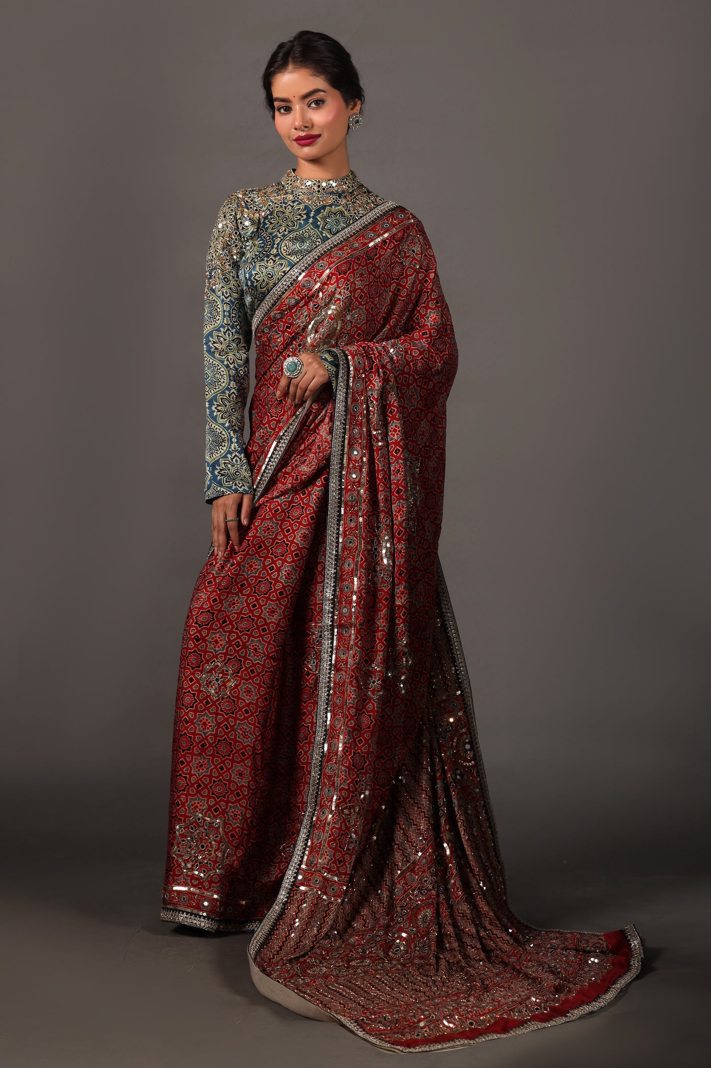 Ajrakh Hand Embroided Modal Silk Saree with Contrasting Blouse Set