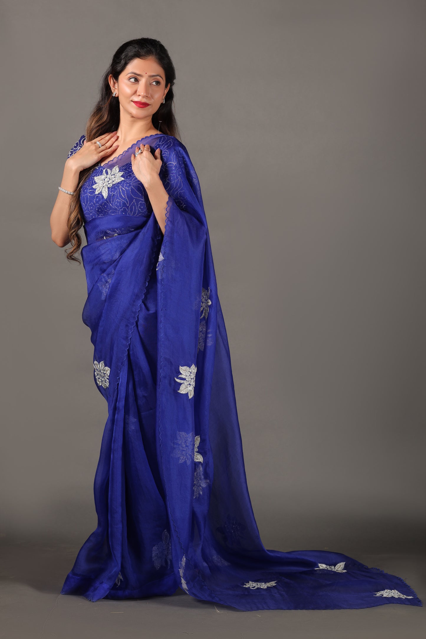 Royal Blue Pure Silk Saree with Hand Embroidered Pittan Work & Raw Silk Blouse