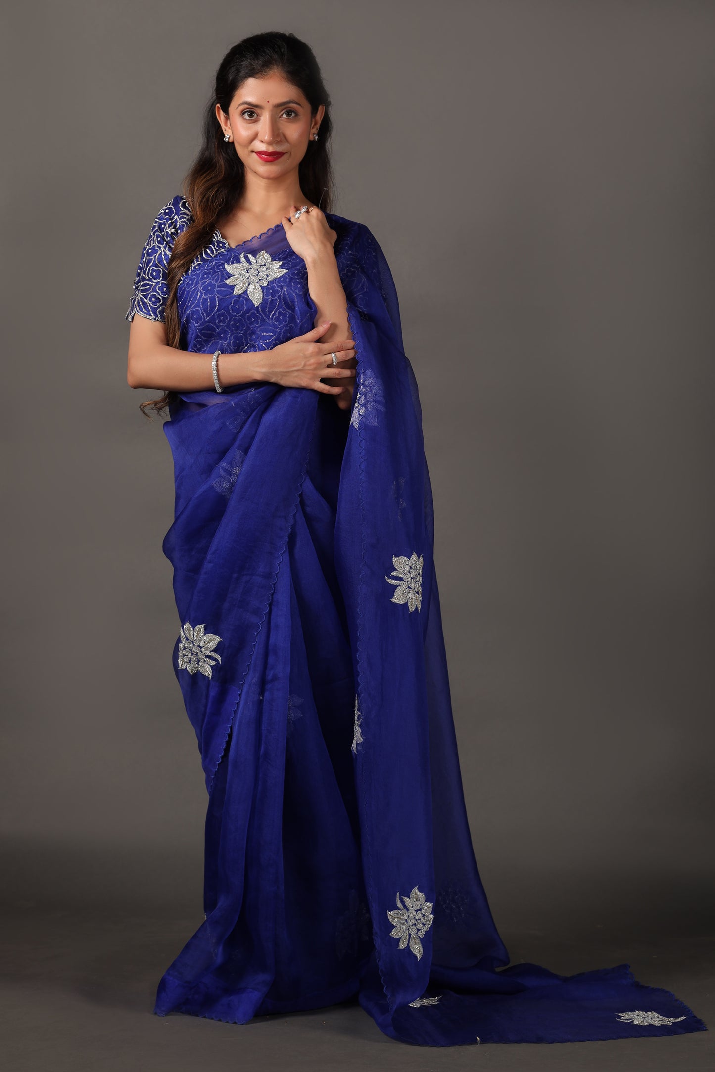 Royal Blue Pure Silk Saree with Hand Embroidered Pittan Work & Raw Silk Blouse