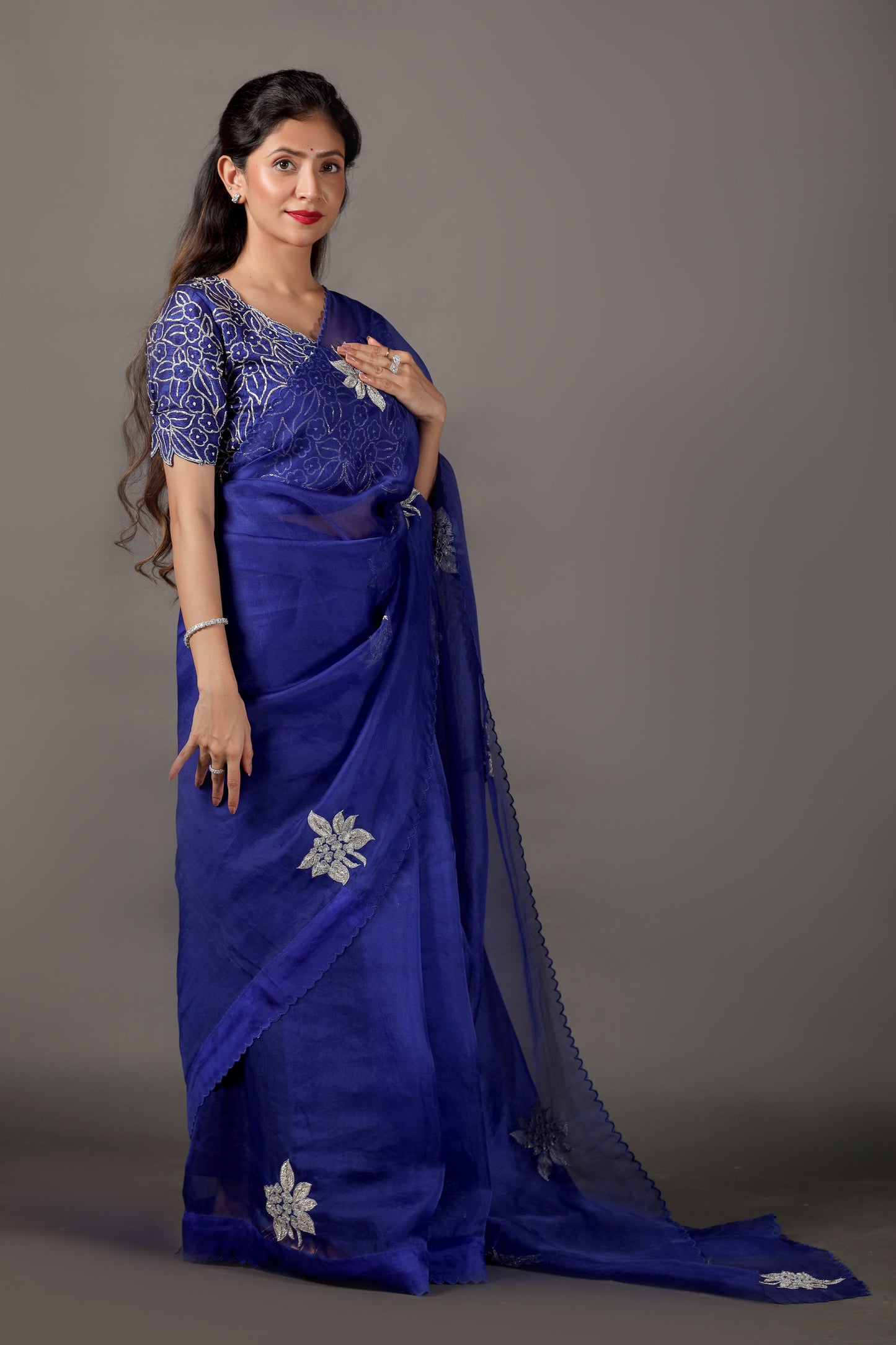 Royal Blue Pure Silk Saree with Hand Embroidered Pittan Work & Raw Silk Blouse