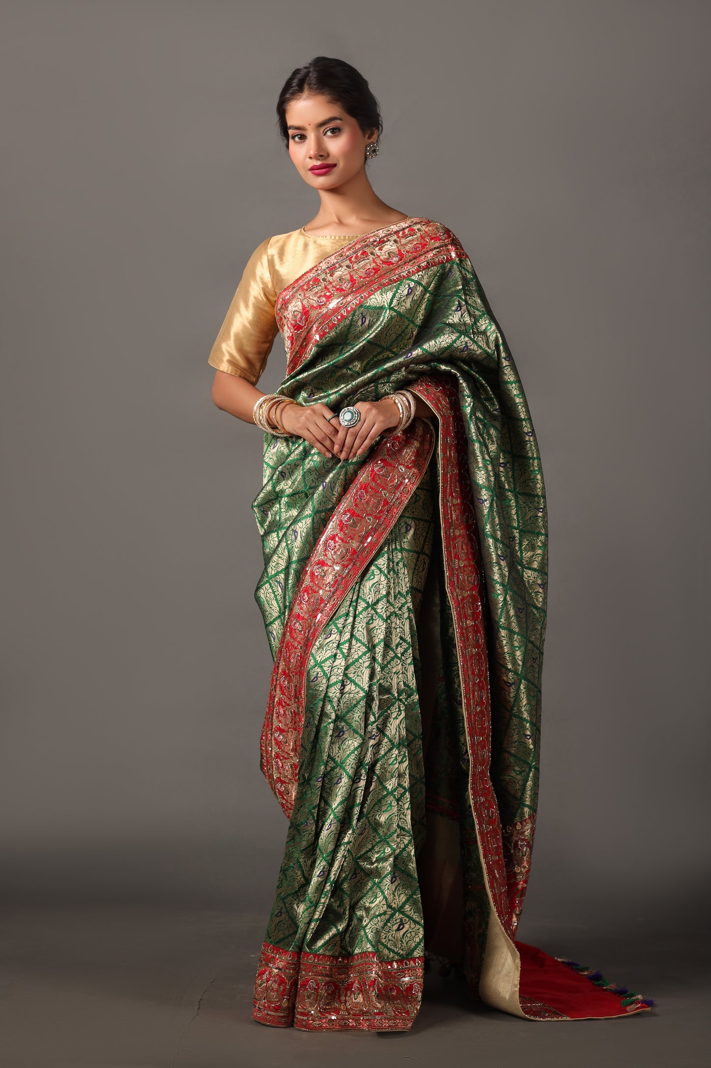 Handwoven Shikargah Banarasi Katan Silk Saree with Hand Embroidery