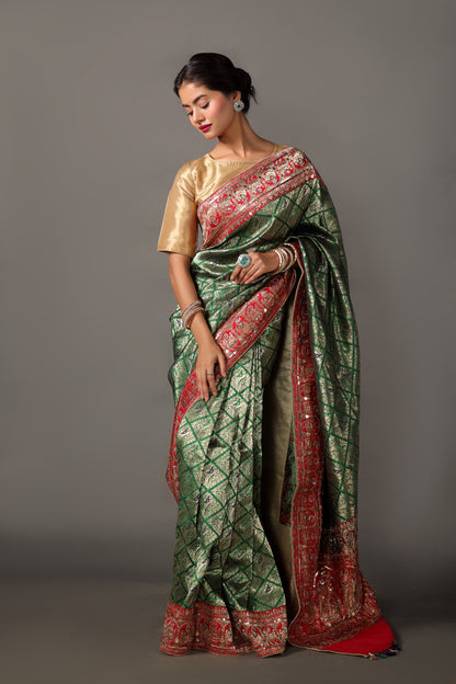 Handwoven Shikargah Banarasi Katan Silk Saree with Hand Embroidery