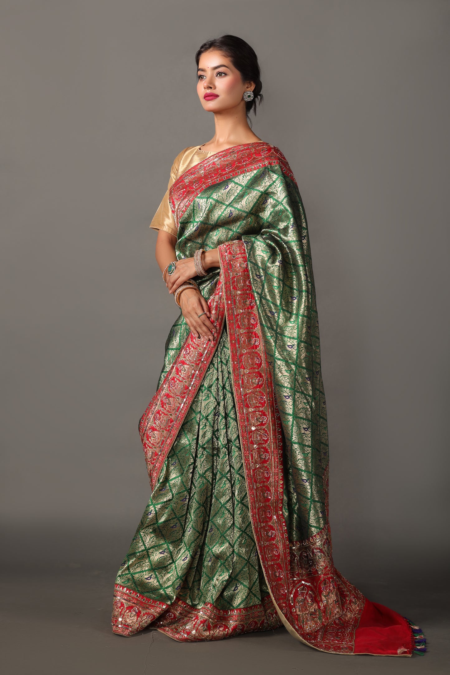 Handwoven Shikargah Banarasi Katan Silk Saree with Hand Embroidery