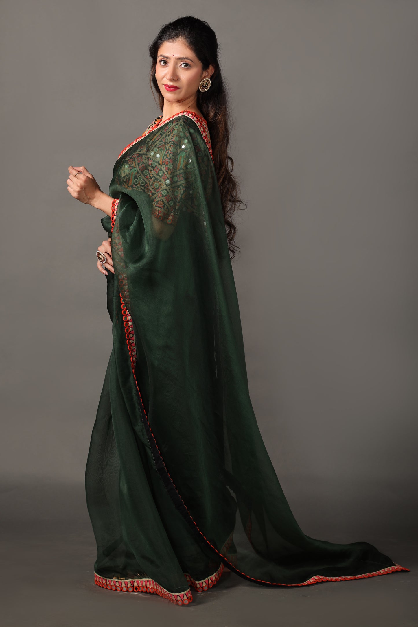 Moss Green Pure Silk Orzanga Saree with Hand Embroidery & Raw Silk Blouse