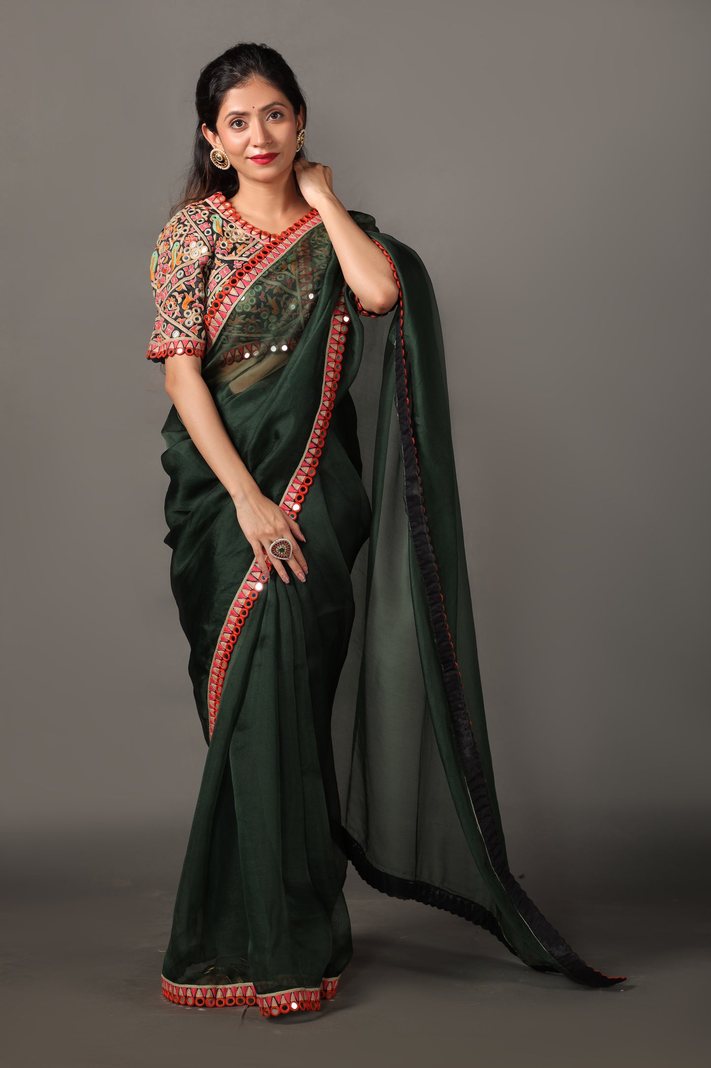 Moss Green Pure Silk Orzanga Saree with Hand Embroidery & Raw Silk Blouse