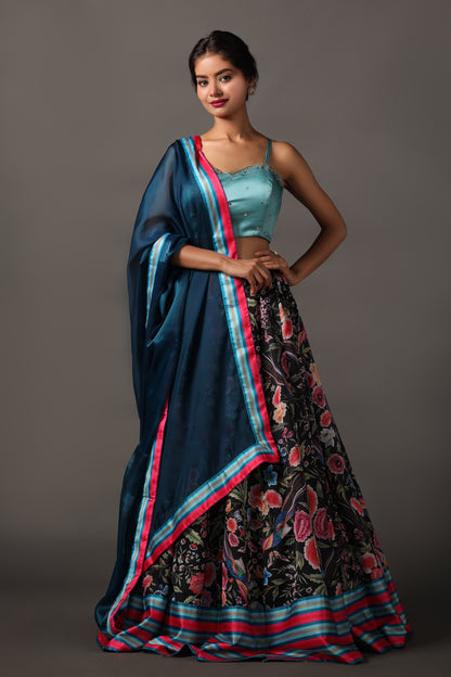 Digital Printed Satin Lehenga with Parsi Gara Motifs