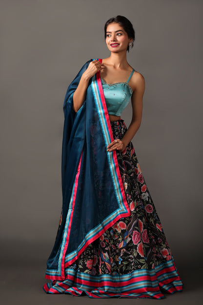 Digital Printed Satin Lehenga with Parsi Gara Motifs