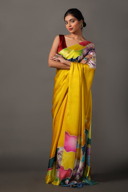 Vibrant Hand-Painted Pure Silk Satin Saree in Yellow