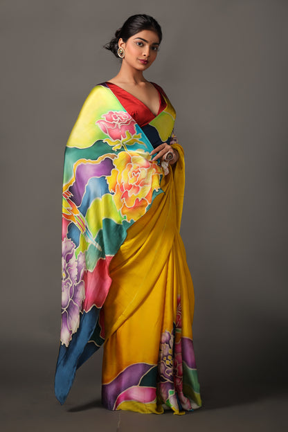 Vibrant Hand-Painted Pure Silk Satin Saree in Yellow